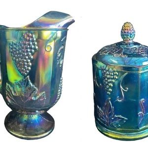 Vintage Carnival Glass Large Water Pitcher & Lidded Candy Jar Blue Green Grapes